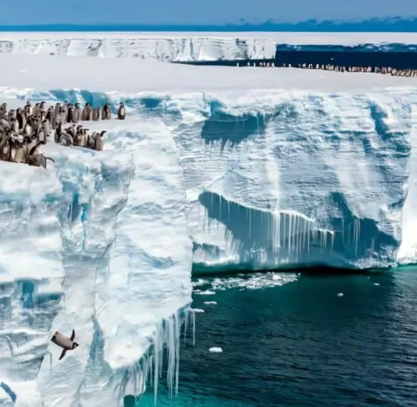Сотни детенышей пингвинов впервые прыгают с 15-метрового ледника (видео)
